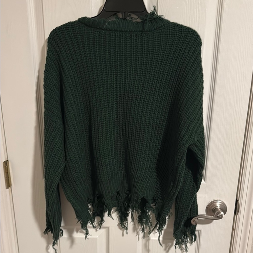 Love Tree Frayed Hem V-Neck Sweater in Forest Green - Picture 3 of 3